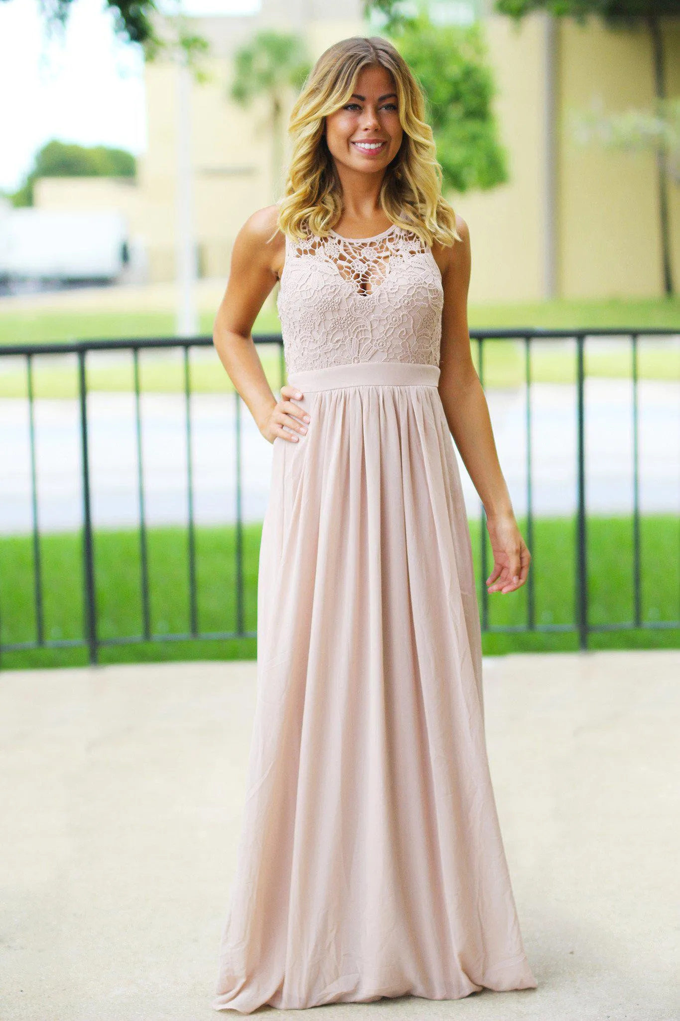 Tan Crochet Maxi Dress with Open Back