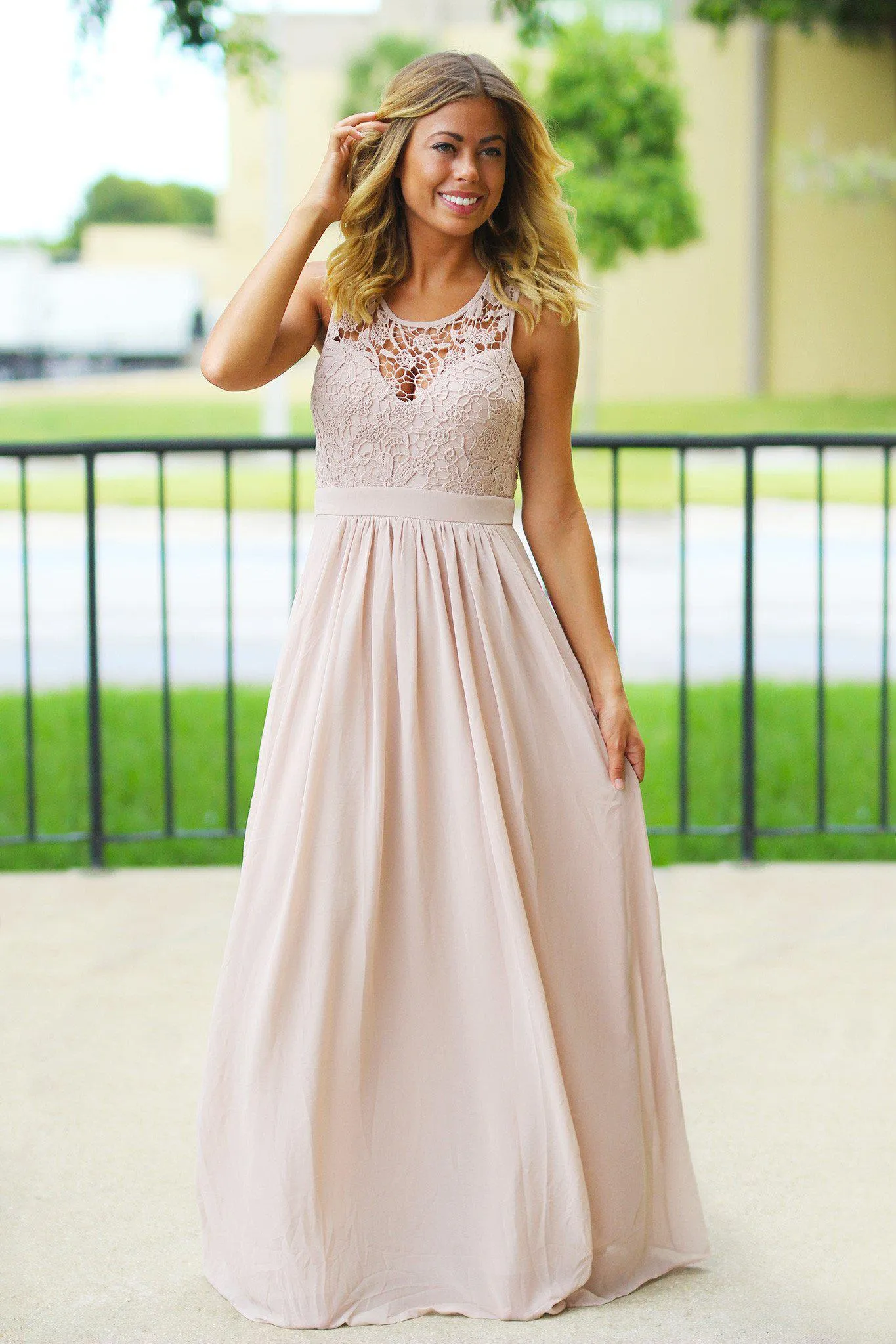 Tan Crochet Maxi Dress with Open Back