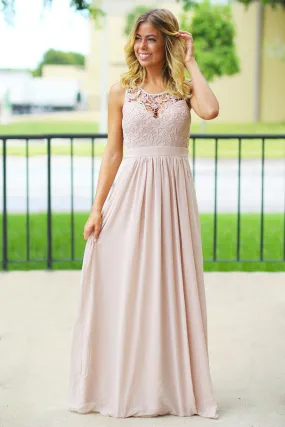 Tan Crochet Maxi Dress with Open Back