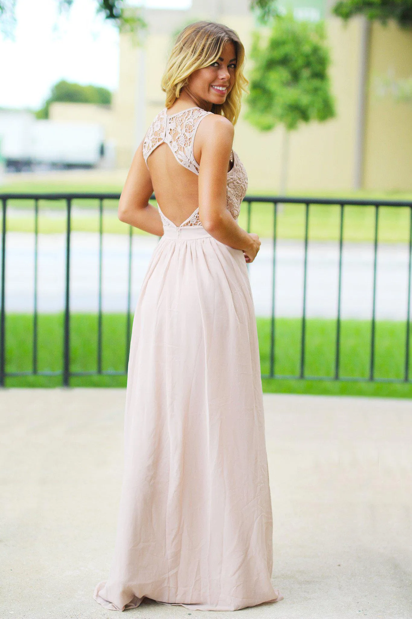 Tan Crochet Maxi Dress with Open Back