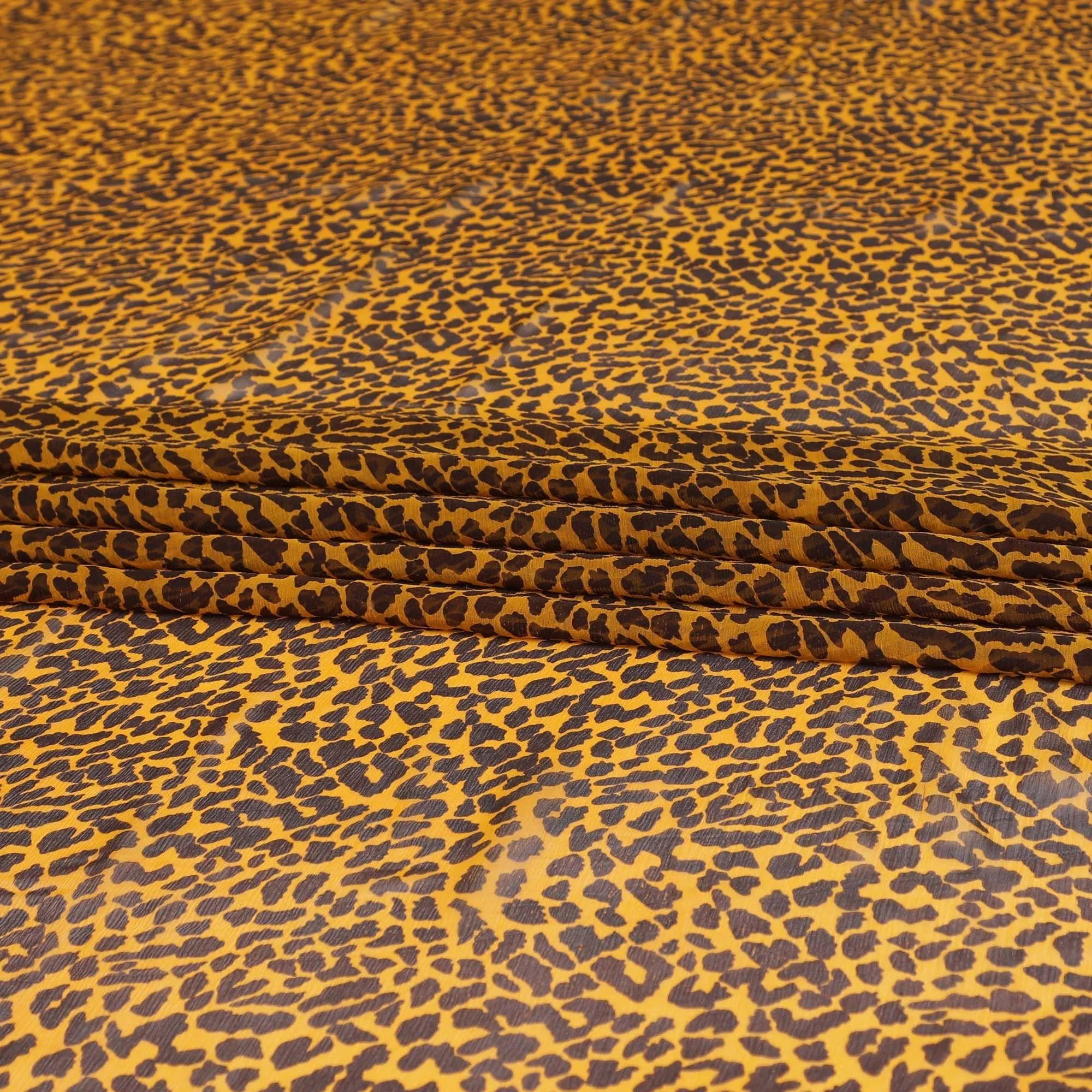 Tiger orange pure silk chiffon fabric with mocha brown print in animal skin design-D9305