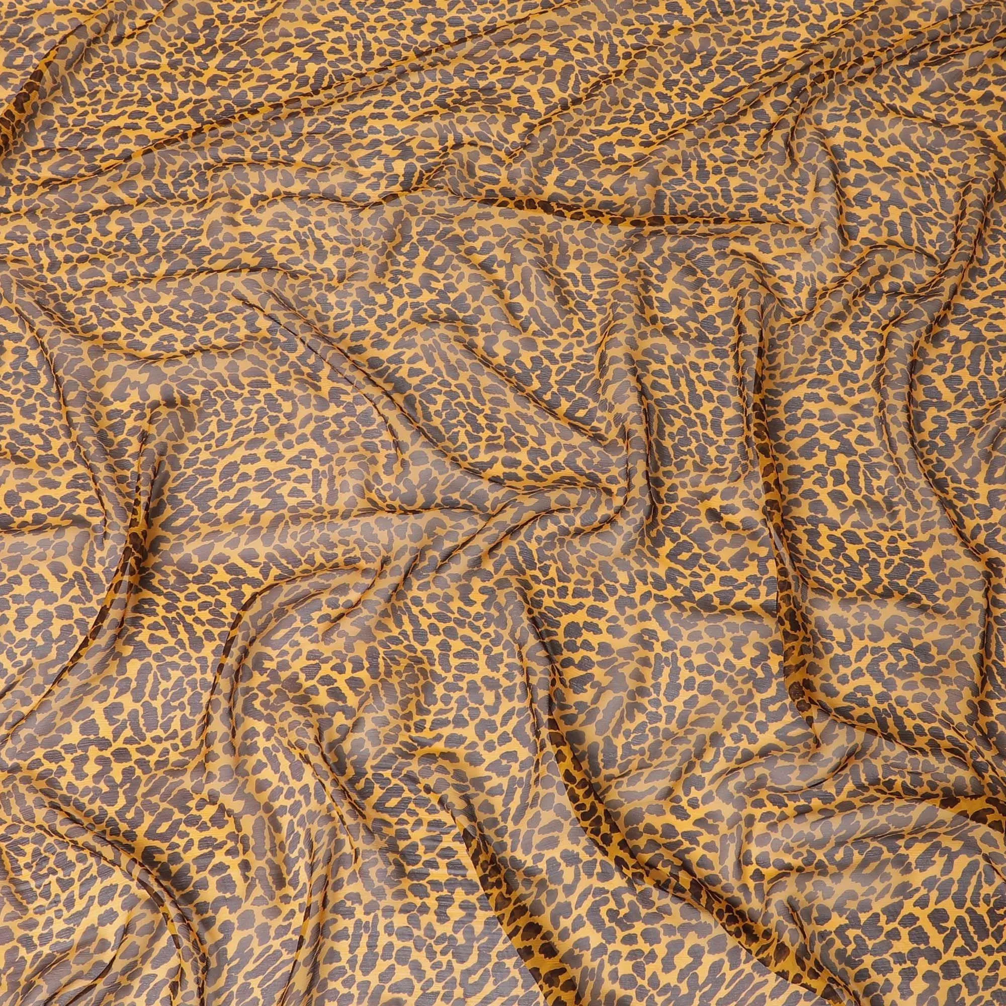 Tiger orange pure silk chiffon fabric with mocha brown print in animal skin design-D9305