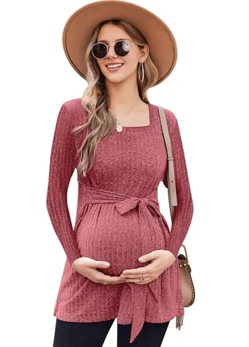 tiorhooe Women's Knit Maternity Tops Long Sleeve Breastfeeding Pregnancy Top Square Neck Tunic Maternity Clothes