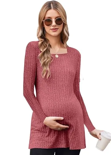 tiorhooe Women's Knit Maternity Tops Long Sleeve Breastfeeding Pregnancy Top Square Neck Tunic Maternity Clothes