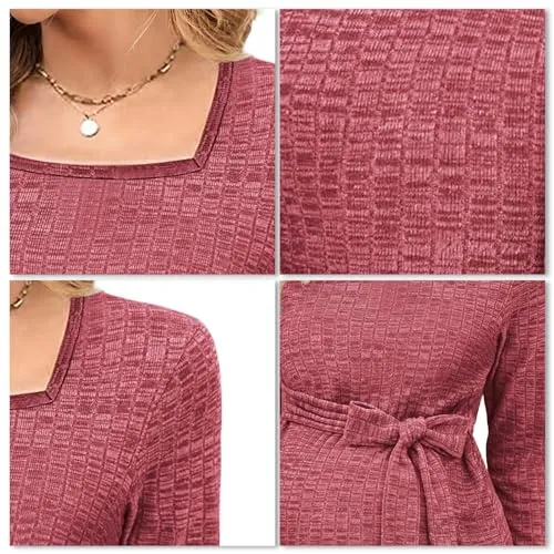 tiorhooe Women's Knit Maternity Tops Long Sleeve Breastfeeding Pregnancy Top Square Neck Tunic Maternity Clothes