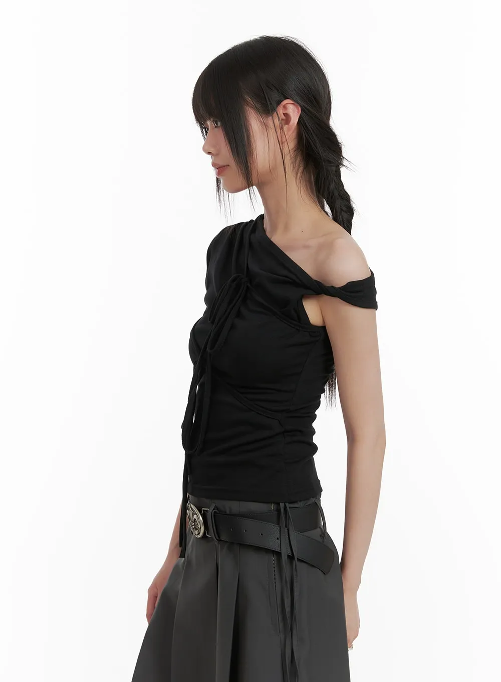 Twisted Asymmetrical Neck Short Sleeve Top CA418