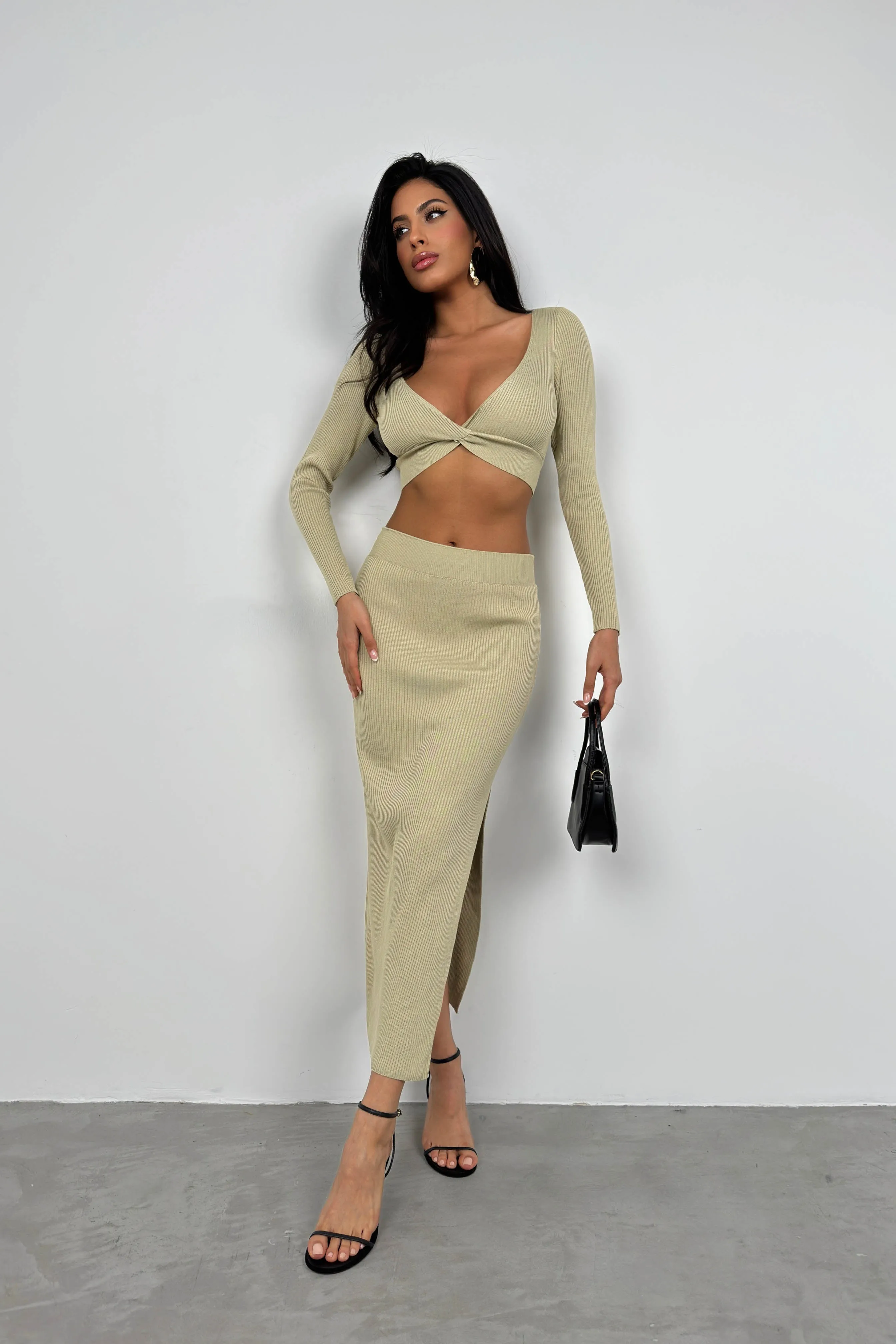 V-Neck Crop Top and Slit Maxi Skirt Set