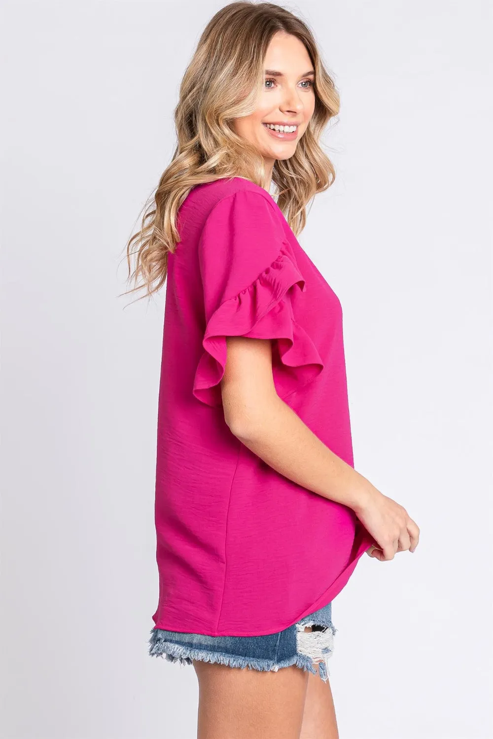 V-Neck Ruffle Trim Short Sleeve Blouse