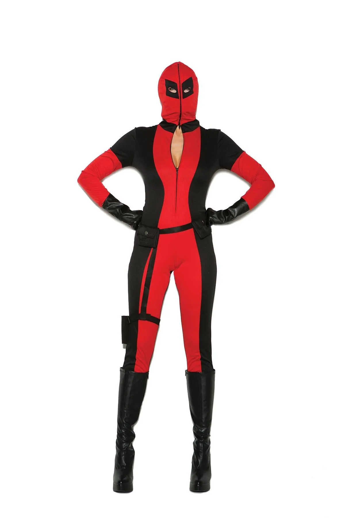 Vigil Ante - 3 pc. costume includes jumpsuit with attached full zip hood/face mask, utility belt with attached leg strap holster and fingerless gloves.