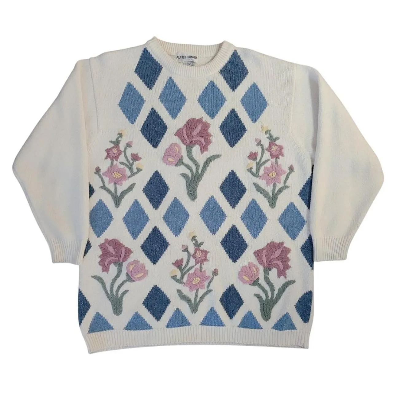 Vintage Alfred Dunner Argyle Embroidered Floral Pastel Sweater