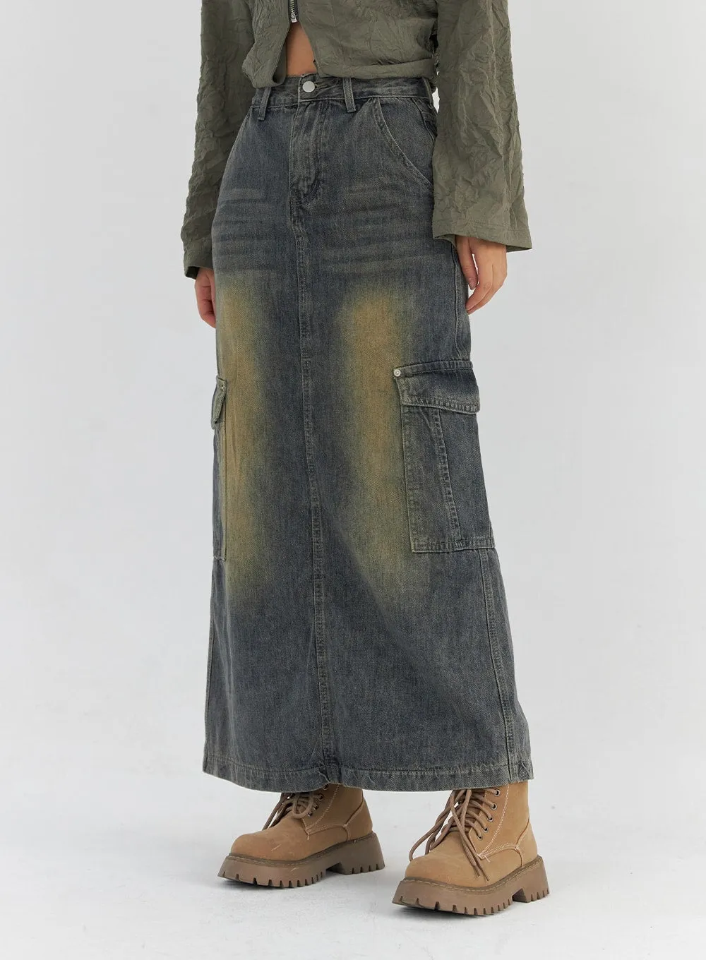 Vintage Wash Maxi Denim Skirt CS325