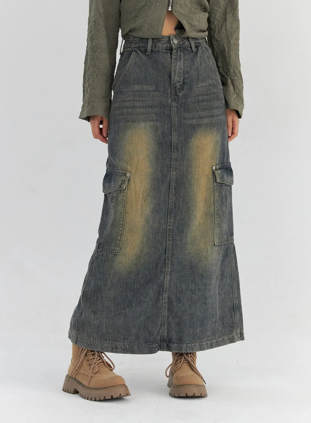 Vintage Wash Maxi Denim Skirt CS325