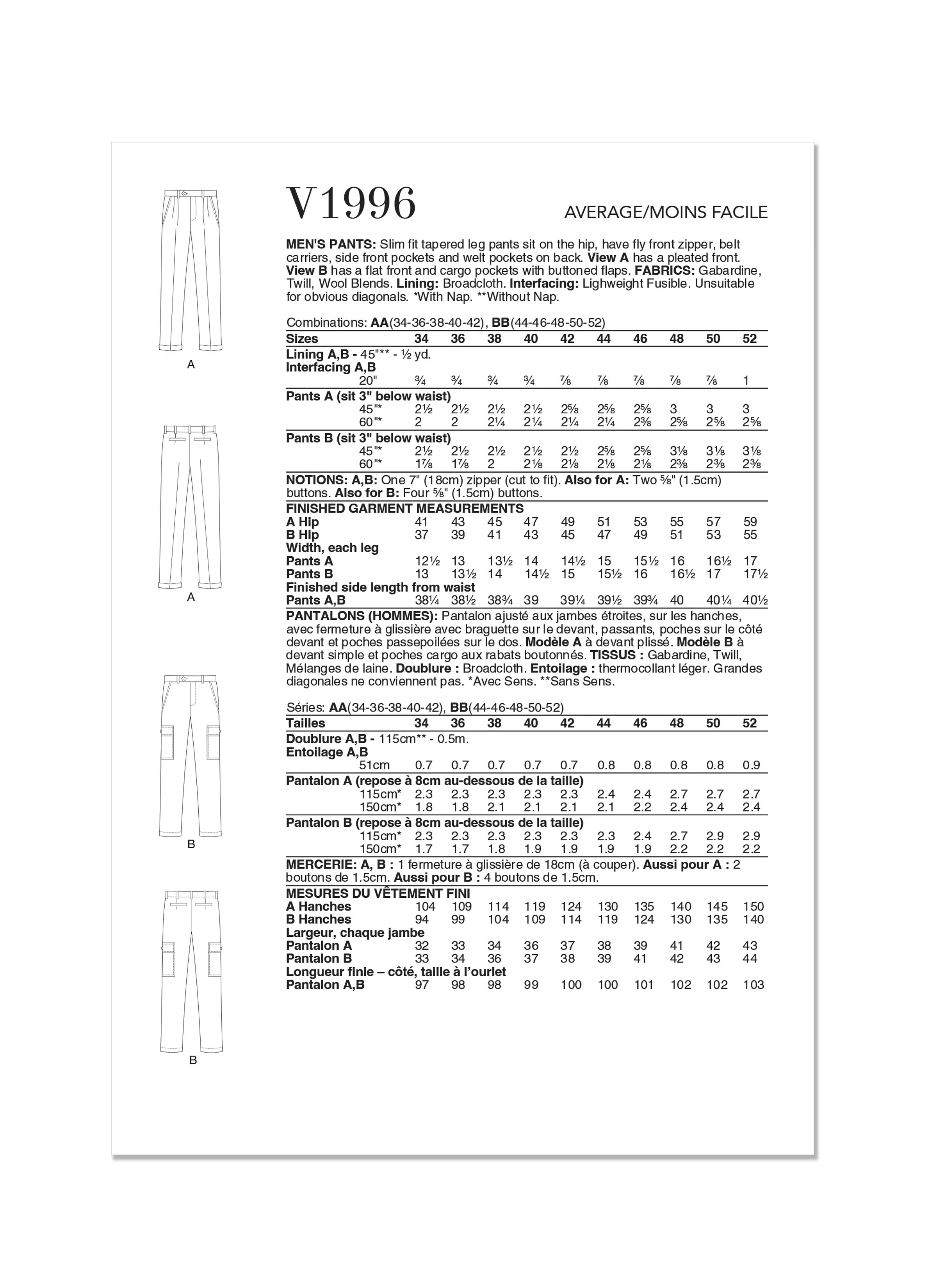 Vogue Pattern V1996 Men/Boy Skirt/Pants