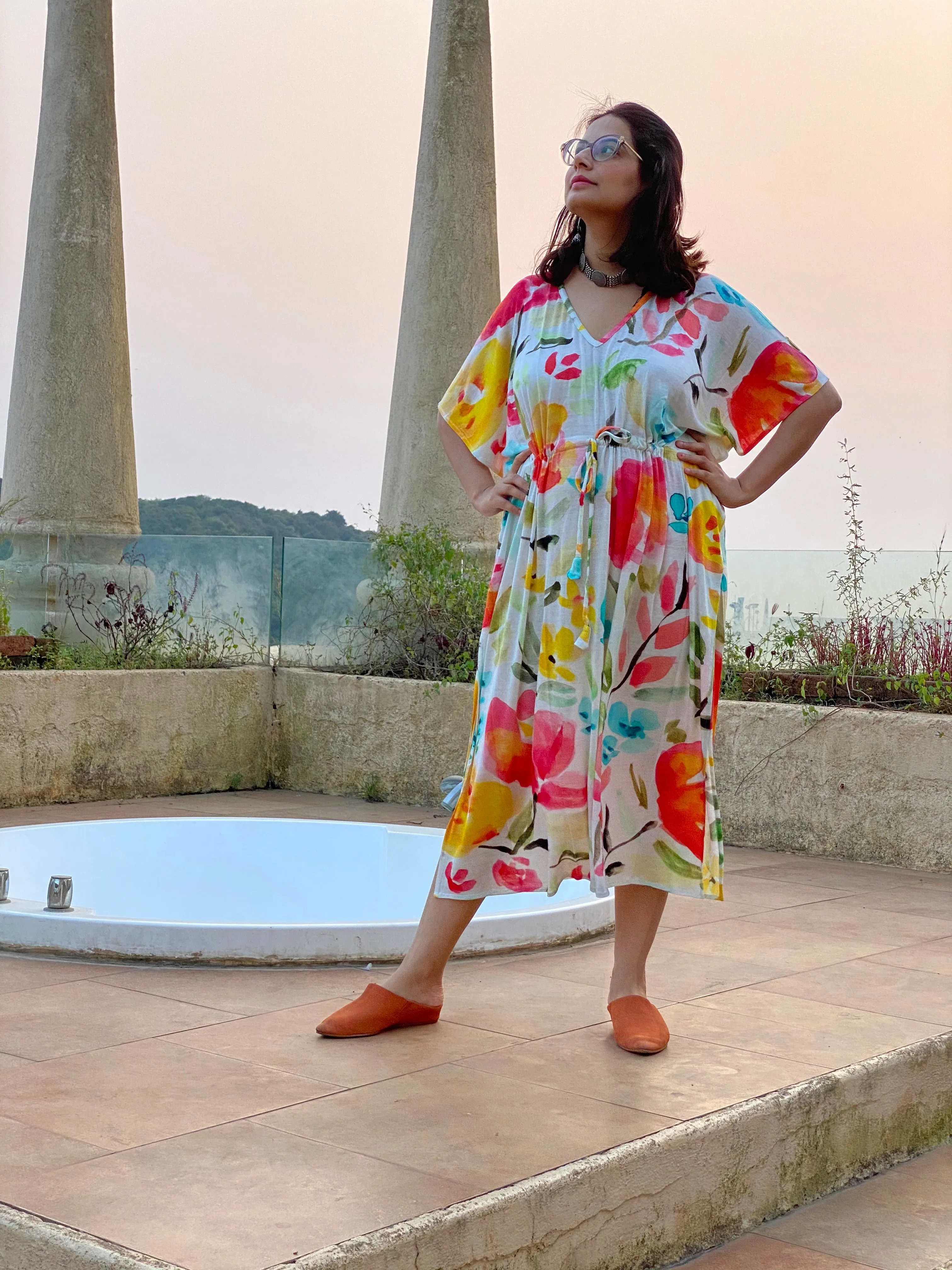 Watercolor Story "Timeless" Style Caftan | Soft Jersey Knit Organic Cotton | Perfect Loungewear House Dress