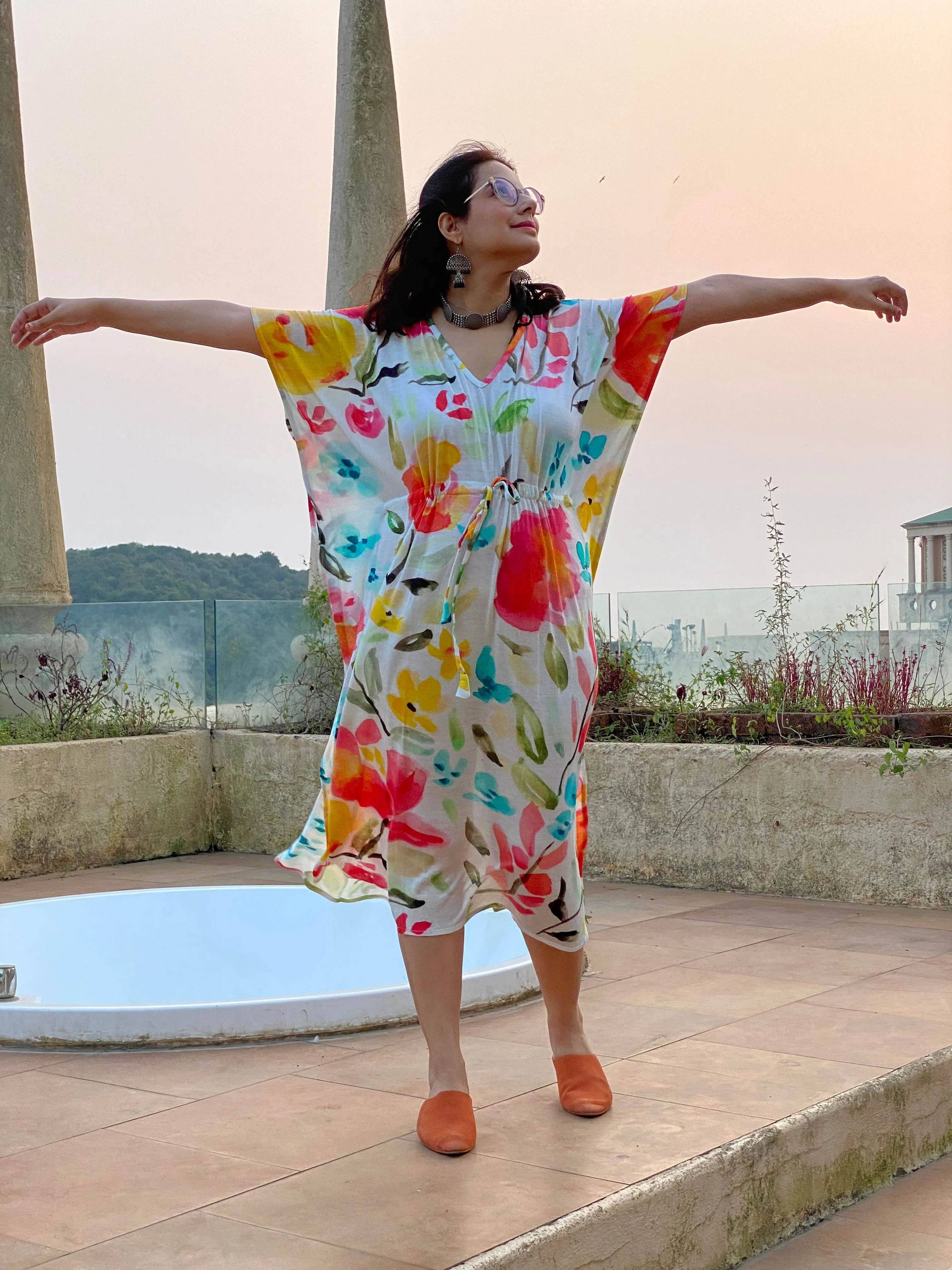 Watercolor Story "Timeless" Style Caftan | Soft Jersey Knit Organic Cotton | Perfect Loungewear House Dress