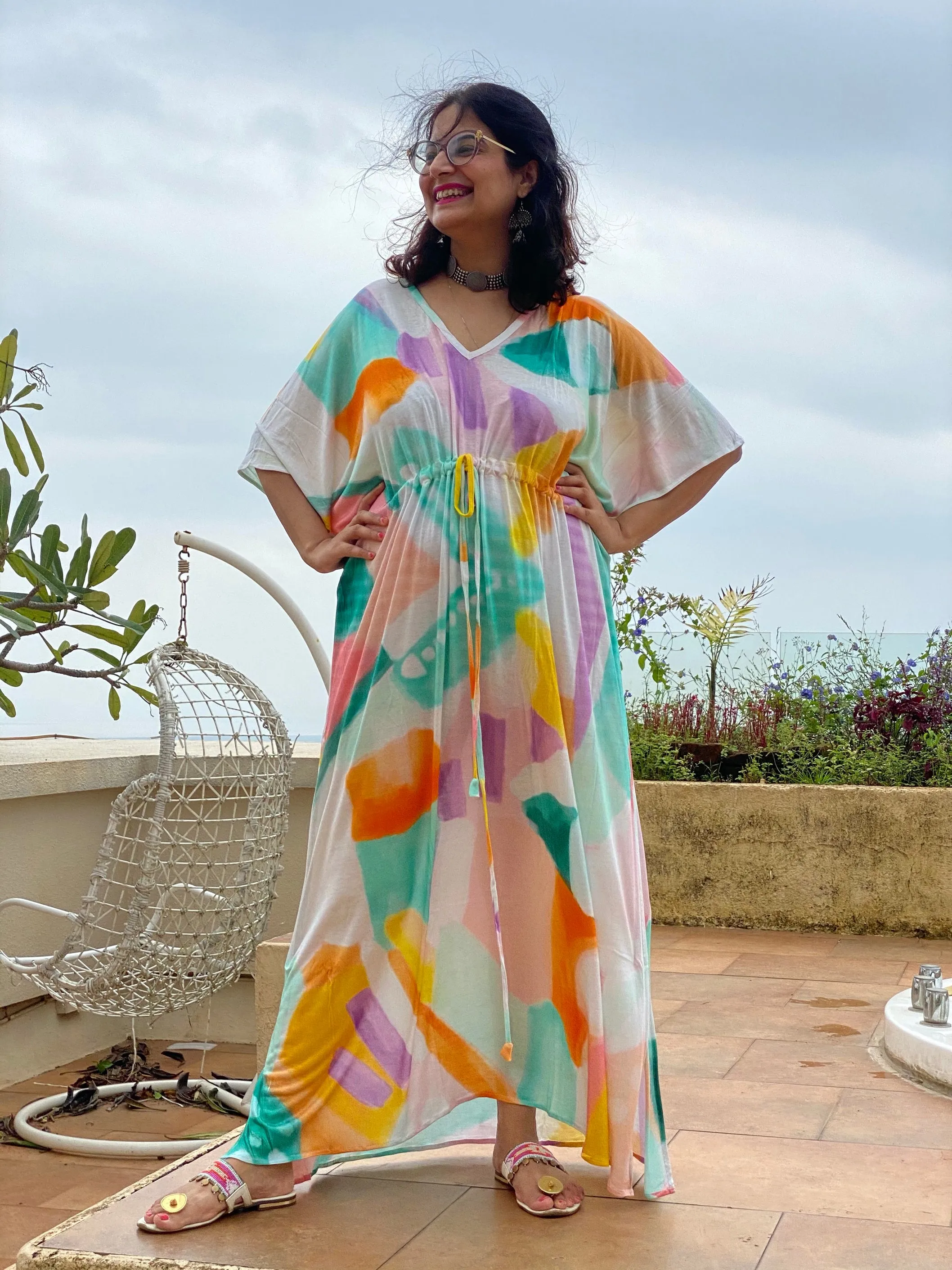 Whimsy Strokes "Timeless" Style Kaftan | Soft Jersey Knit Organic Cotton | Perfect Loungewear House Dress