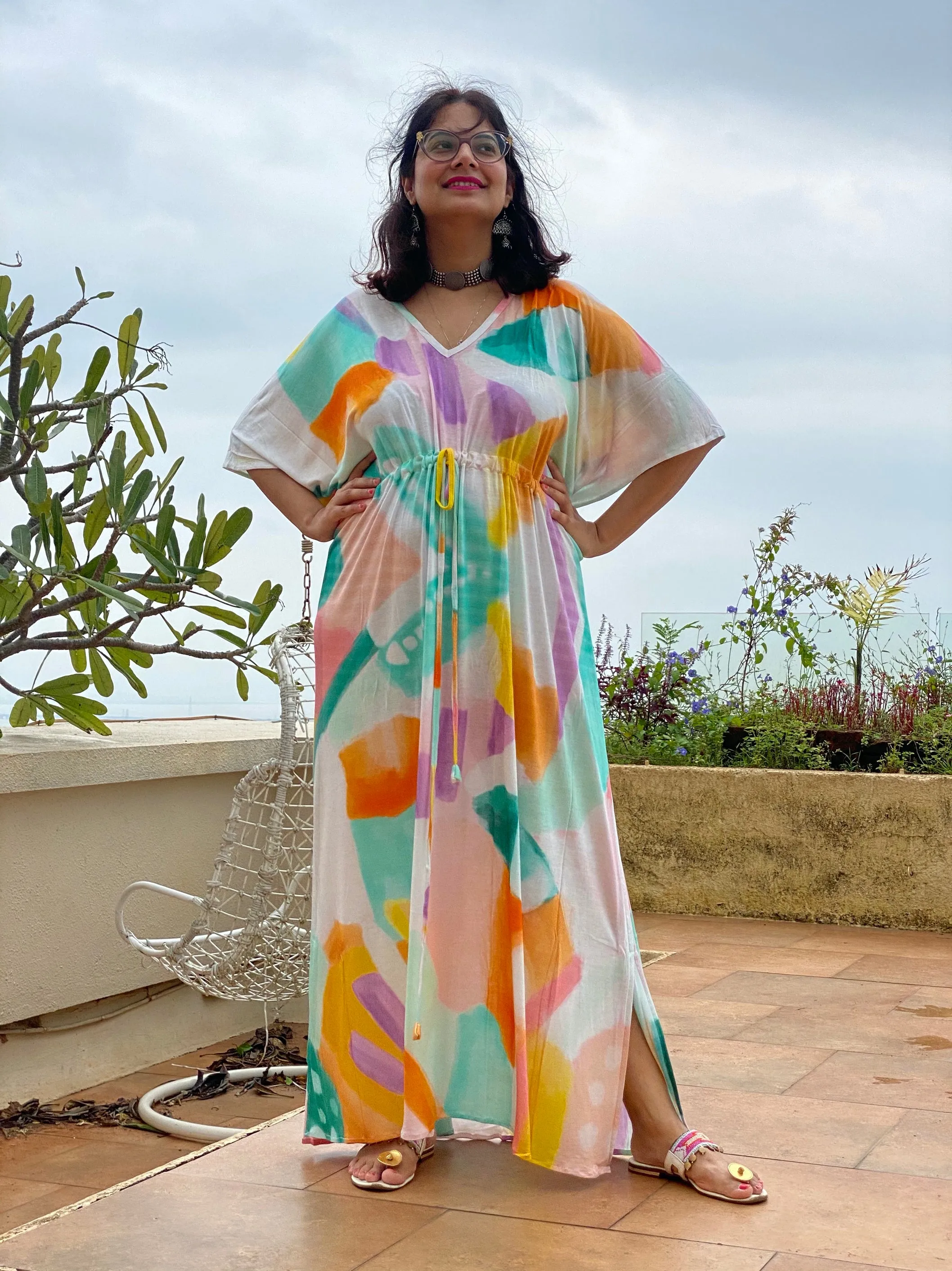 Whimsy Strokes "Timeless" Style Kaftan | Soft Jersey Knit Organic Cotton | Perfect Loungewear House Dress