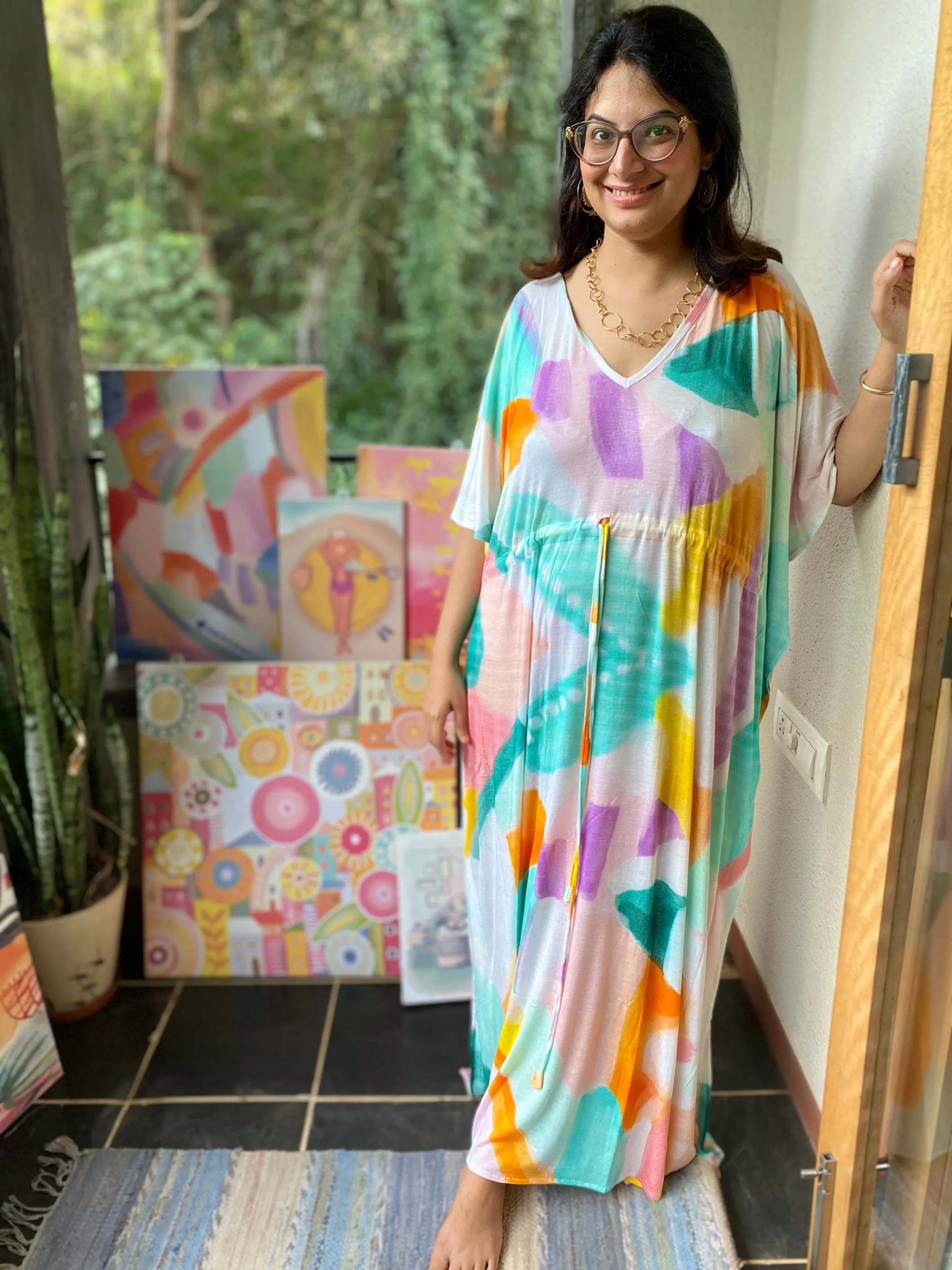 Whimsy Strokes "Timeless" Style Kaftan | Soft Jersey Knit Organic Cotton | Perfect Loungewear House Dress