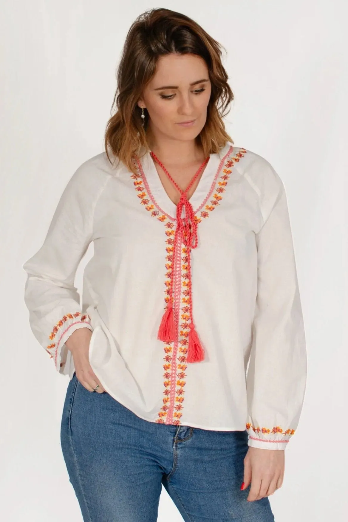 White Embroidered Kaftan Tassle Top