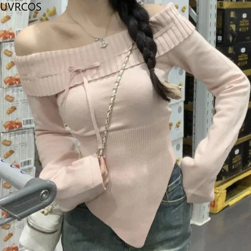 Winter Knitted Pullover Women Sexy Off Shoulder Slim Y2k Sweaters Coat Female Korean Fashion Casual Long Sleeve Knitwear Tops