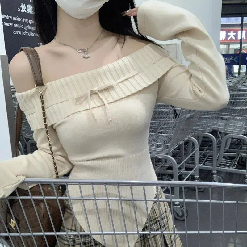 Winter Knitted Pullover Women Sexy Off Shoulder Slim Y2k Sweaters Coat Female Korean Fashion Casual Long Sleeve Knitwear Tops