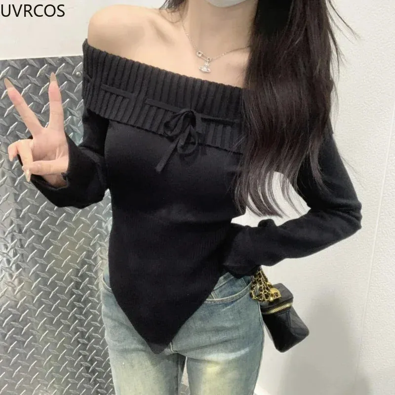 Winter Knitted Pullover Women Sexy Off Shoulder Slim Y2k Sweaters Coat Female Korean Fashion Casual Long Sleeve Knitwear Tops