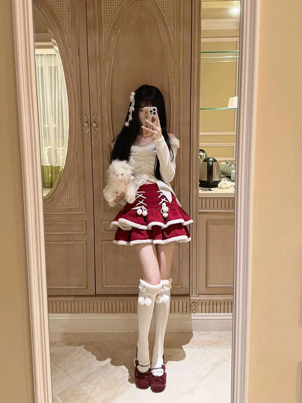 Winter Lolita Black Red Brown Fur Edge Ruffled High Waist Short Skirt