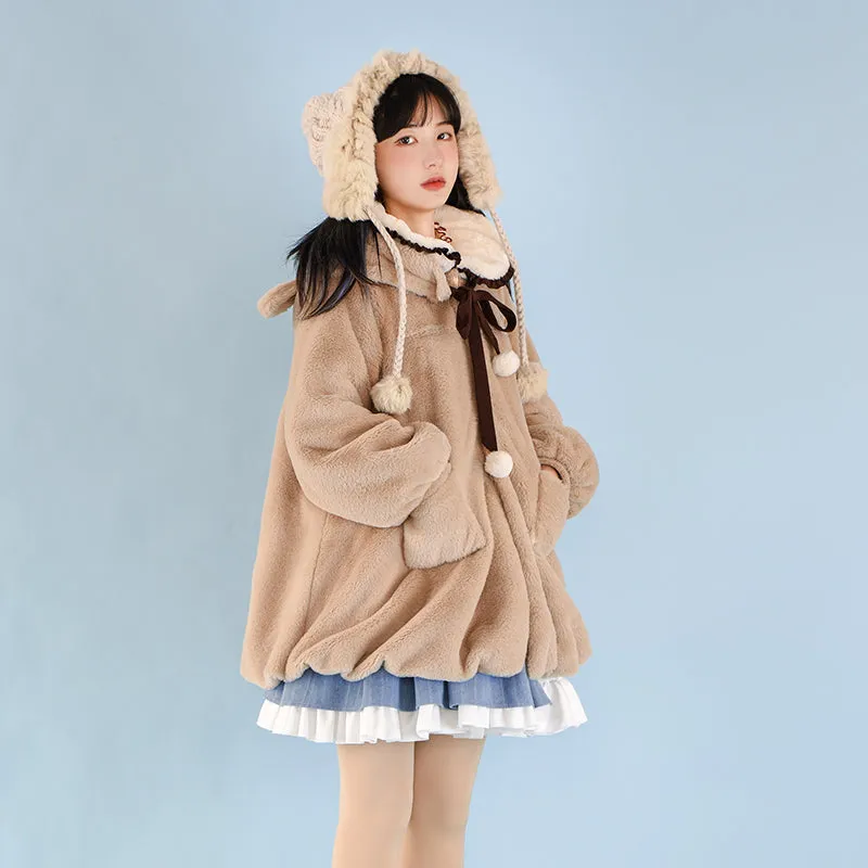 With Puji~Bear Coco Tea~Thick Lamb Wool Lolita Warm Coat