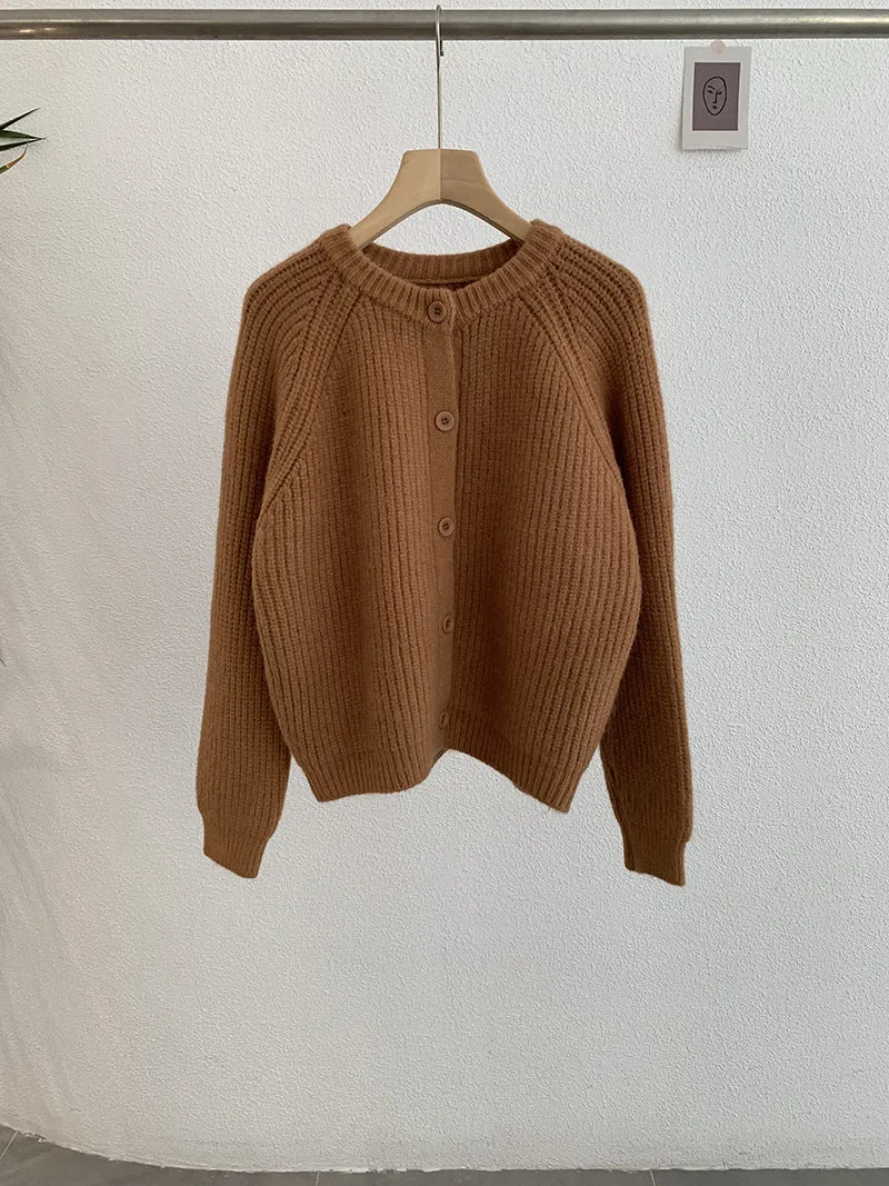 Wjczt outfit ideas for school Omalai Raglan Sleeve round Neck Knitted Thick Needle Cardigan Solid Color All-Match Long Sleeve Sweater Coat for Women