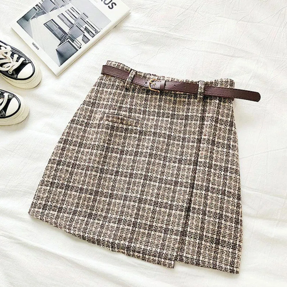 Wjczt Women Korean Irregular Skirt Women Autumn Spring Vintage High Waist A-line Mini Skirt Harajuku Elegant Chic Plaid Skirt