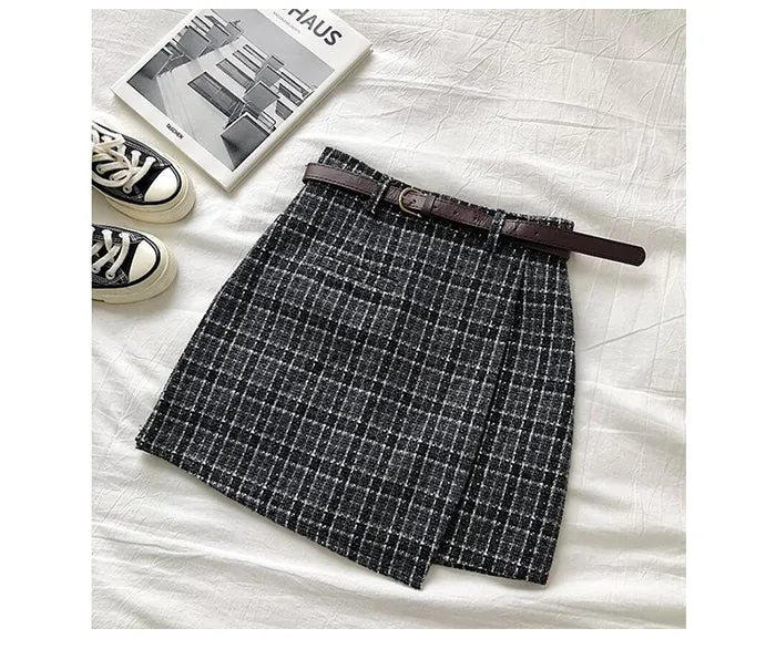 Wjczt Women Korean Irregular Skirt Women Autumn Spring Vintage High Waist A-line Mini Skirt Harajuku Elegant Chic Plaid Skirt