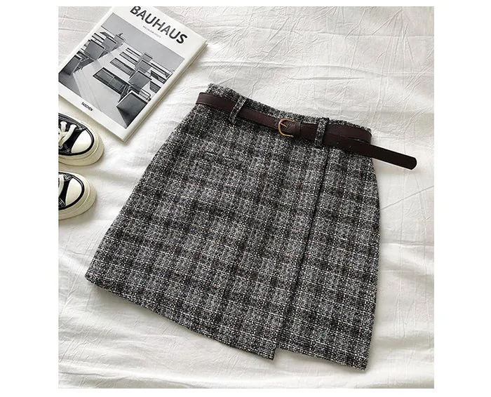 Wjczt Women Korean Irregular Skirt Women Autumn Spring Vintage High Waist A-line Mini Skirt Harajuku Elegant Chic Plaid Skirt