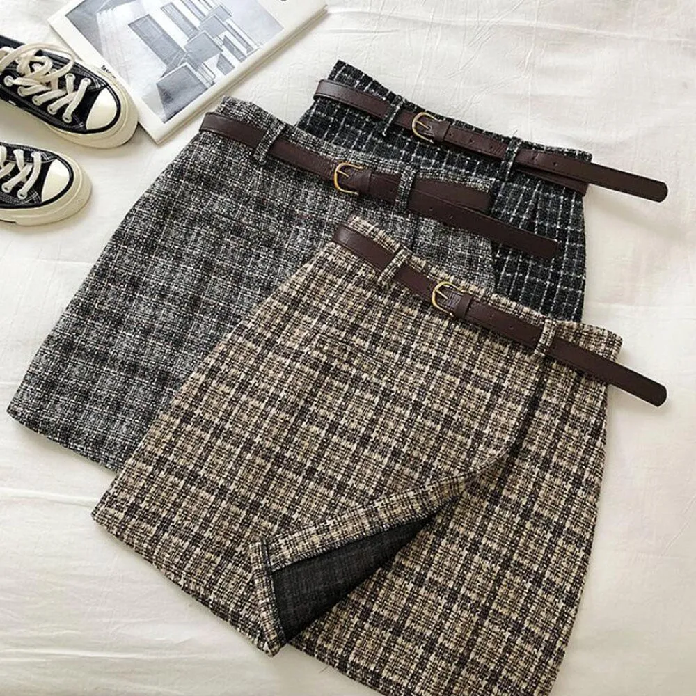 Wjczt Women Korean Irregular Skirt Women Autumn Spring Vintage High Waist A-line Mini Skirt Harajuku Elegant Chic Plaid Skirt