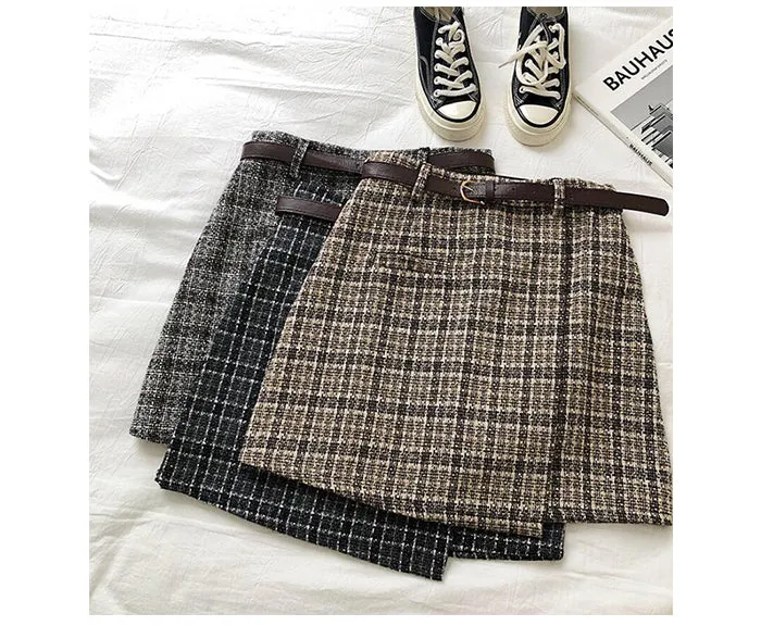 Wjczt Women Korean Irregular Skirt Women Autumn Spring Vintage High Waist A-line Mini Skirt Harajuku Elegant Chic Plaid Skirt