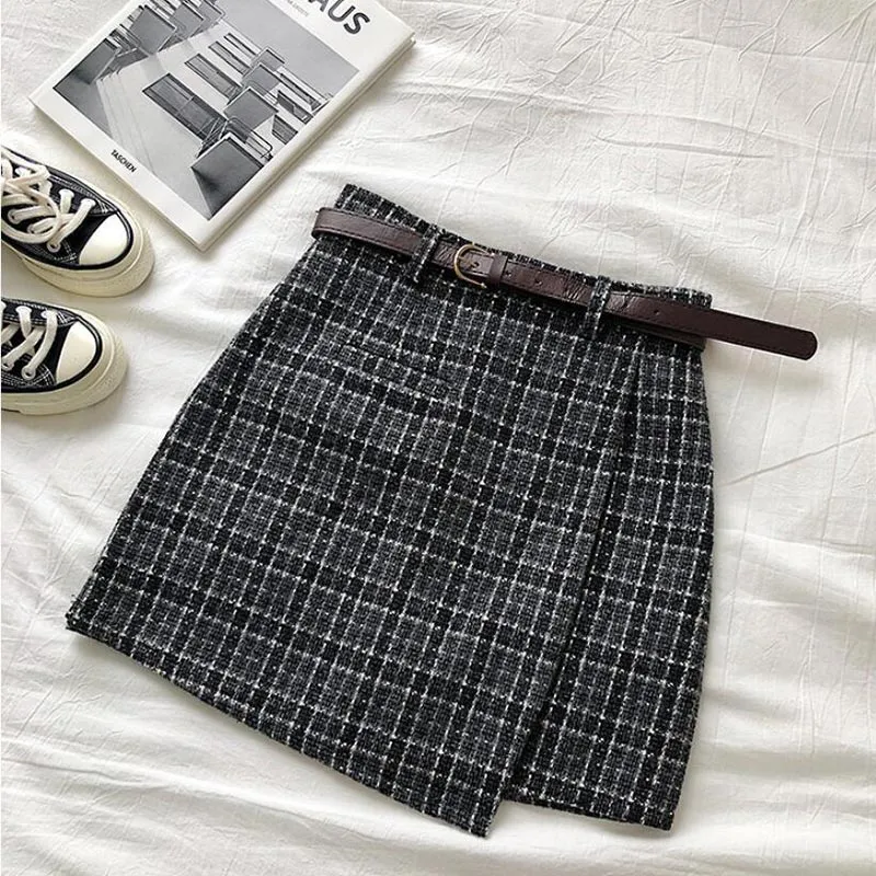 Wjczt Women Korean Irregular Skirt Women Autumn Spring Vintage High Waist A-line Mini Skirt Harajuku Elegant Chic Plaid Skirt