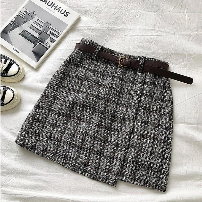 Wjczt Women Korean Irregular Skirt Women Autumn Spring Vintage High Waist A-line Mini Skirt Harajuku Elegant Chic Plaid Skirt