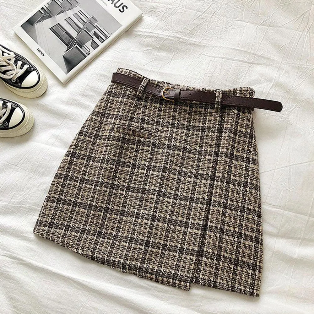 Wjczt Women Korean Irregular Skirt Women Autumn Spring Vintage High Waist A-line Mini Skirt Harajuku Elegant Chic Plaid Skirt