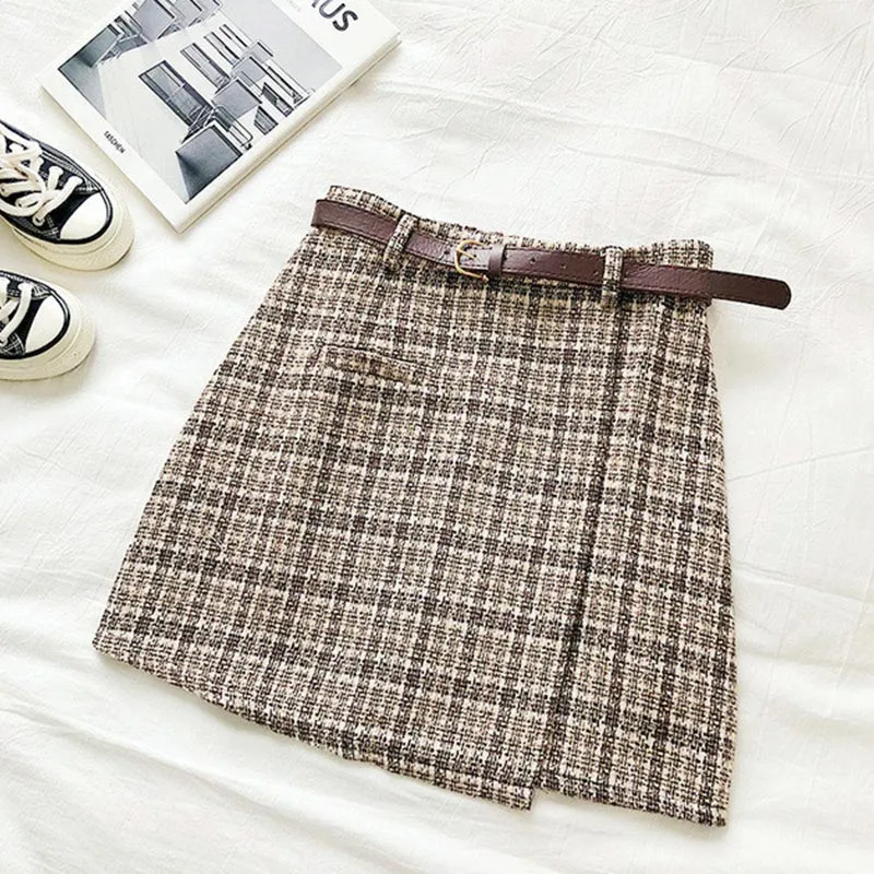 Wjczt Women Korean Irregular Skirt Women Autumn Spring Vintage High Waist A-line Mini Skirt Harajuku Elegant Chic Plaid Skirt