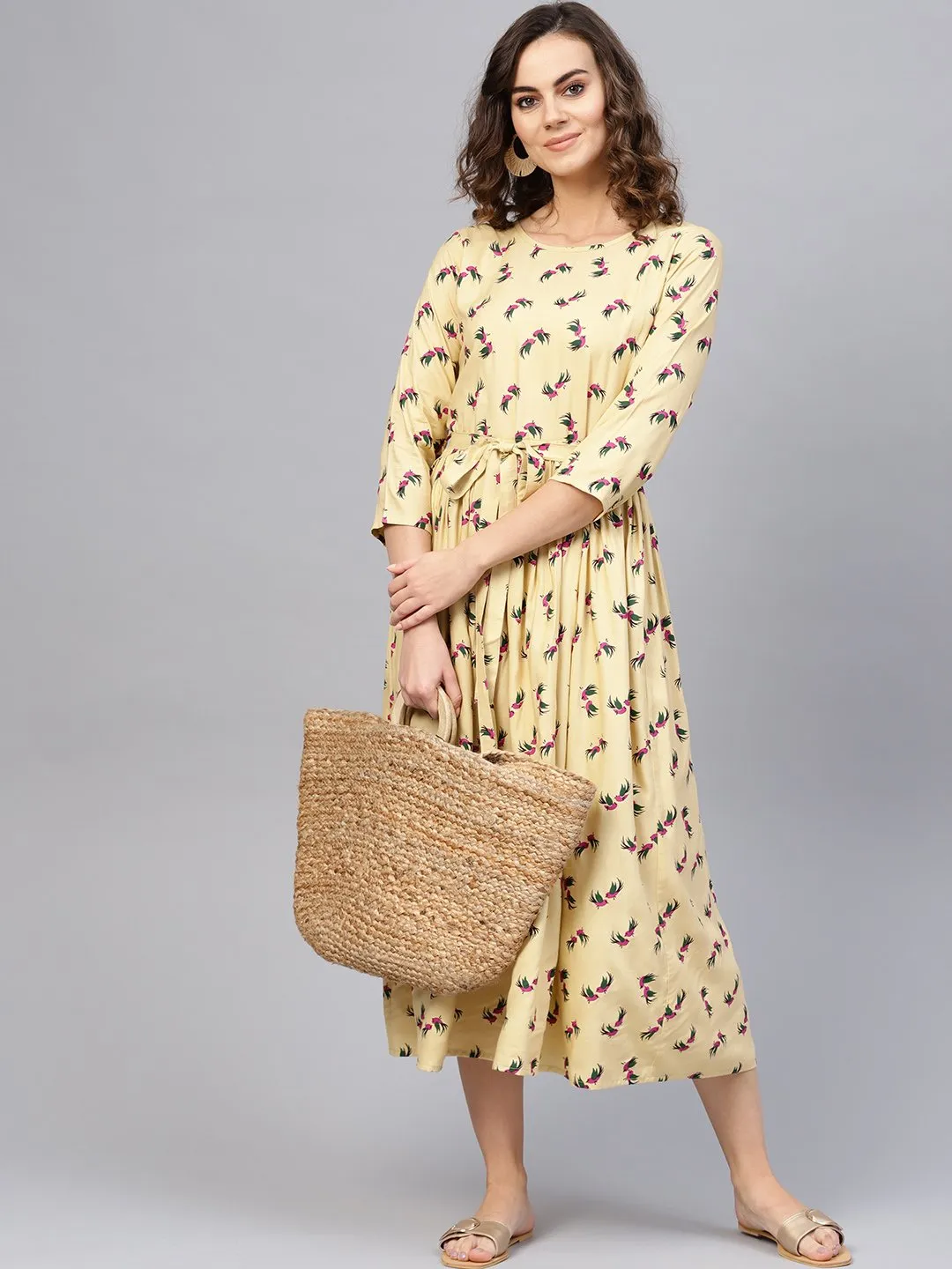 Women Beige & Magenta Printed A-Line Dress