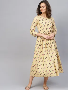 Women Beige & Magenta Printed A-Line Dress