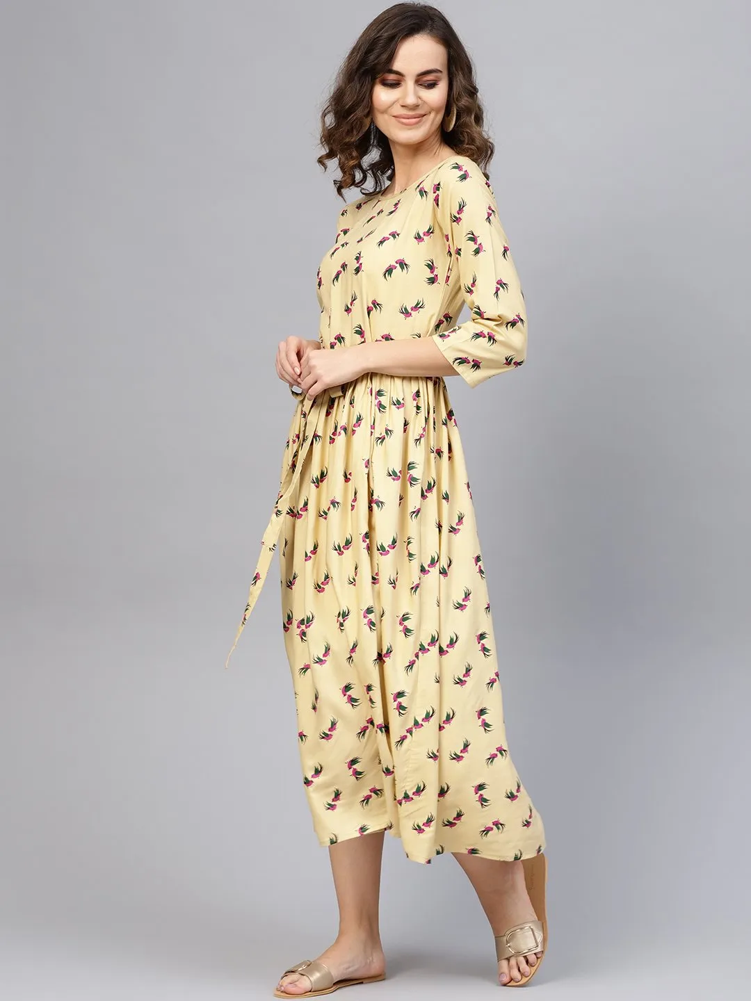 Women Beige & Magenta Printed A-Line Dress