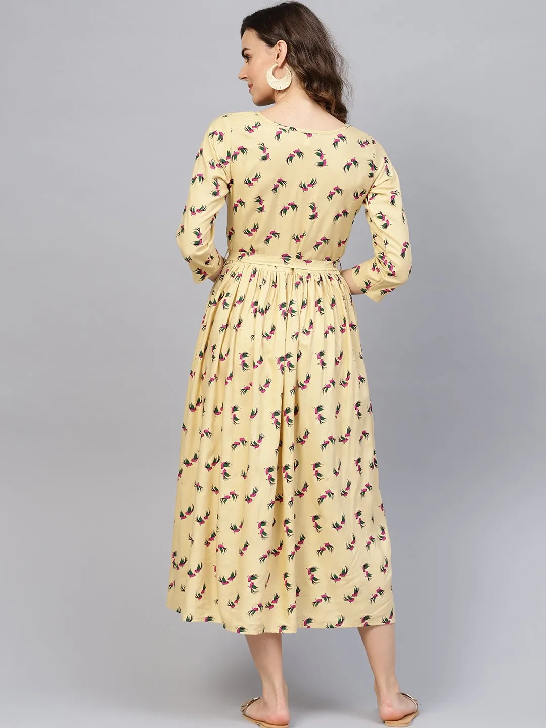 Women Beige & Magenta Printed A-Line Dress