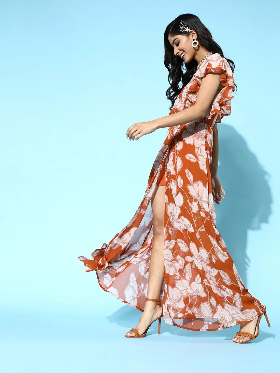 Women Brown Floral Frill Sleeve Maxi