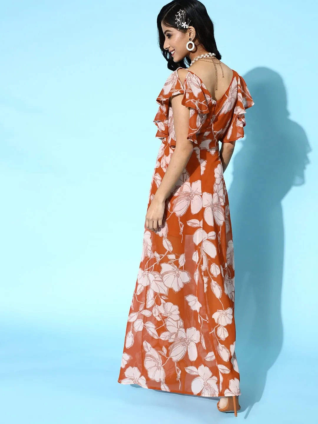 Women Brown Floral Frill Sleeve Maxi