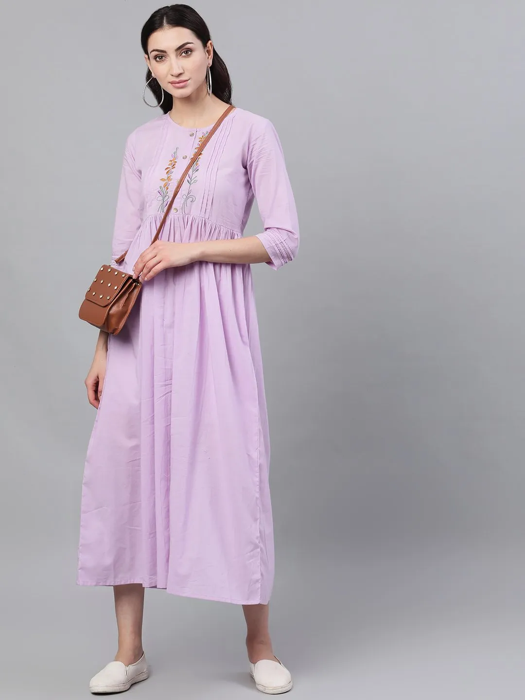 Women Lavender Solid Solid Round Neck Cotton Maxi Dress