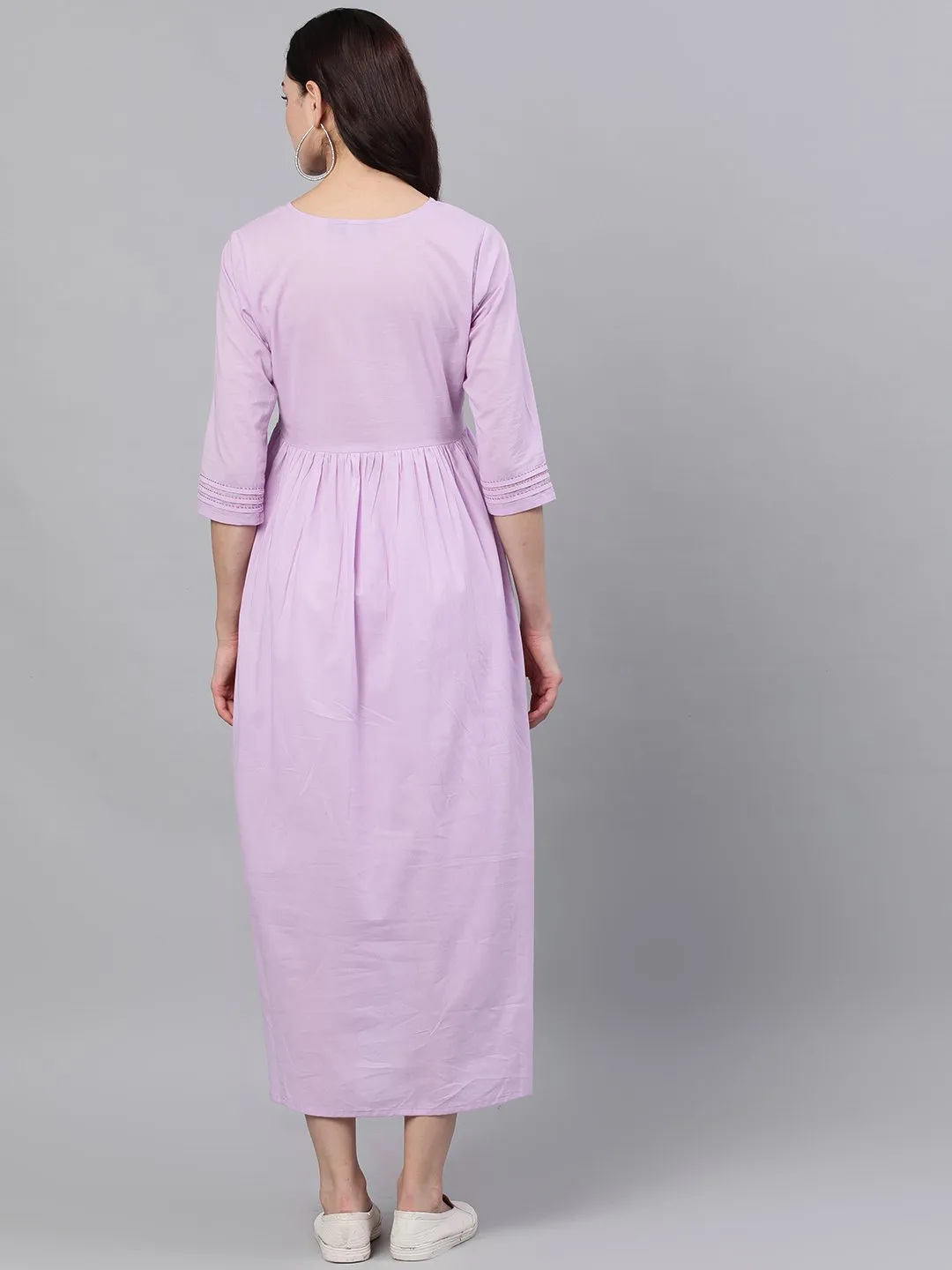 Women Lavender Solid Solid Round Neck Cotton Maxi Dress