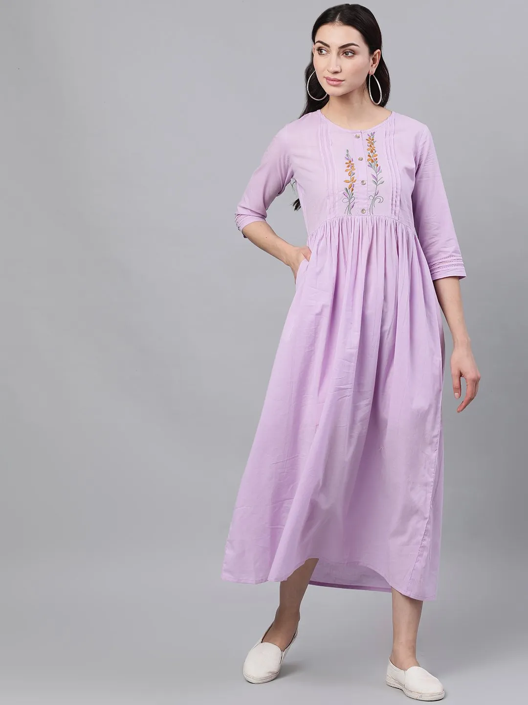 Women Lavender Solid Solid Round Neck Cotton Maxi Dress