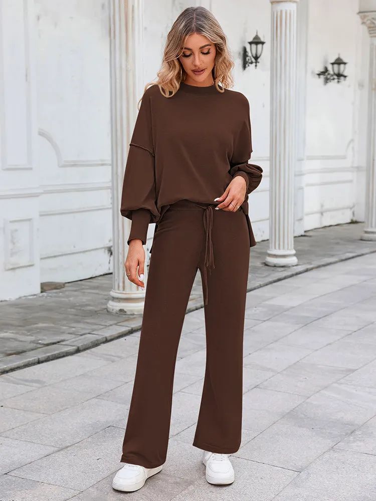 Women's 2 Piece Outfits Knit Pullover Tops Wide Leg Pants