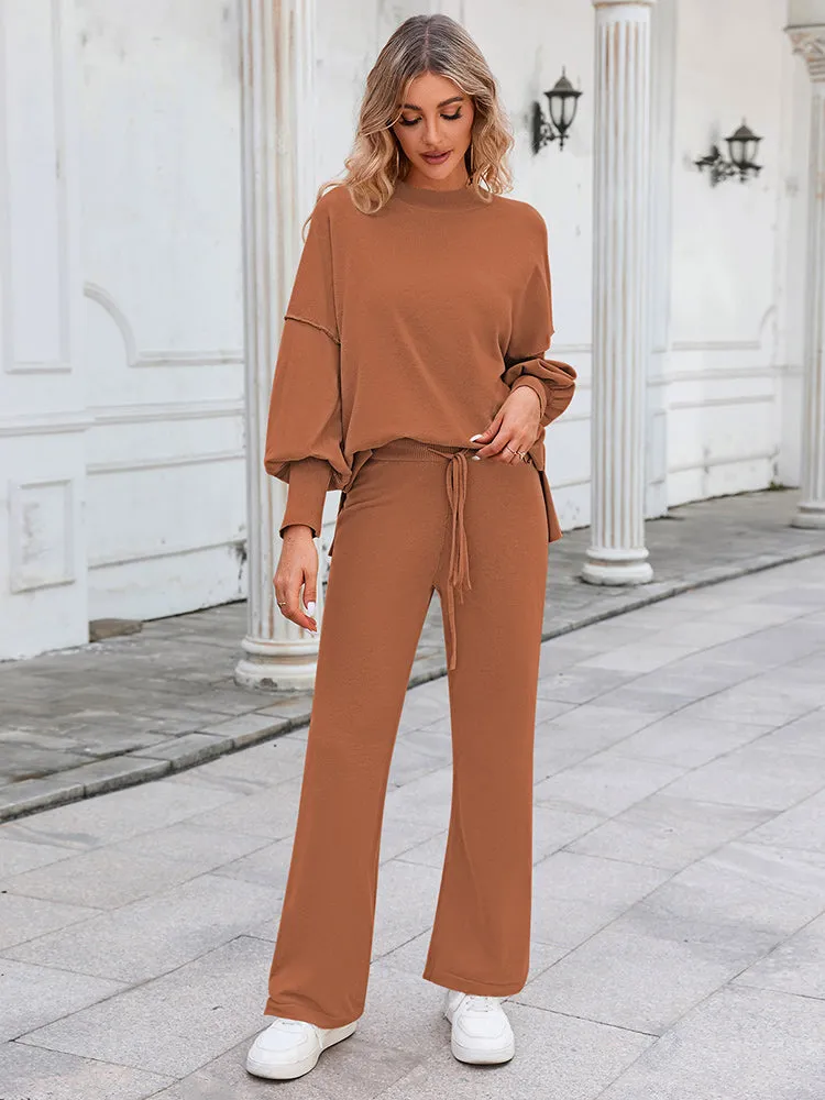 Women's 2 Piece Outfits Knit Pullover Tops Wide Leg Pants