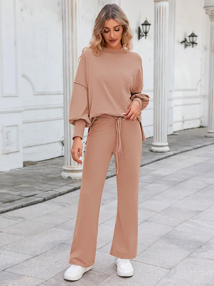 Women's 2 Piece Outfits Knit Pullover Tops Wide Leg Pants